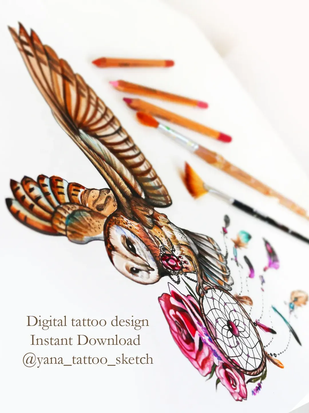 Owl Tattoo Design Colored Owl And Dream Catcher Tattoo Sketch Barn Owl Tattoo Ideas Instant download JPG, PNG