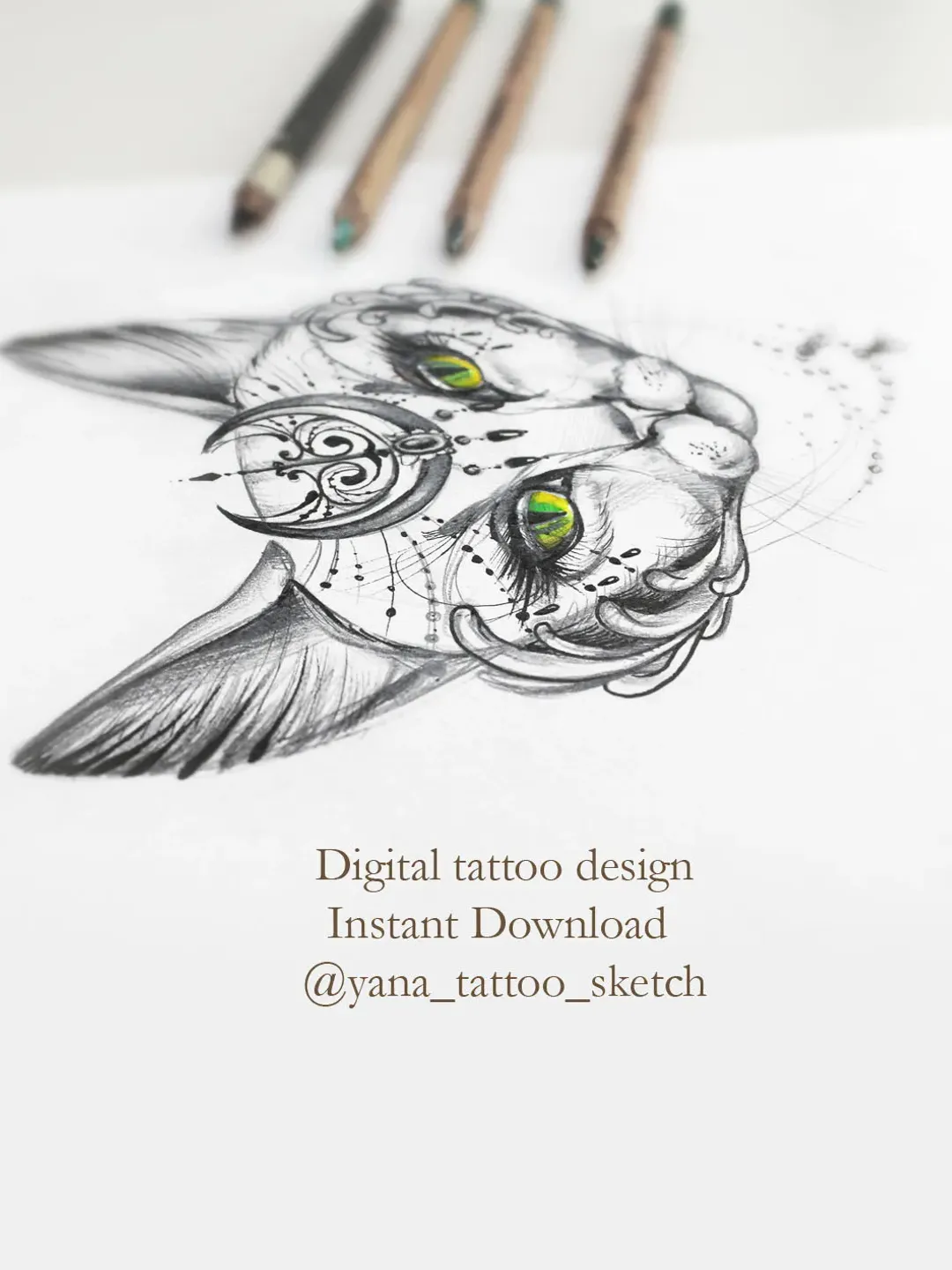 Cat Tattoo Designs Cat Tattoo Sketch Females Cat and Moon Tattoo Designs For Ladies, Instant download PNG and JPG files