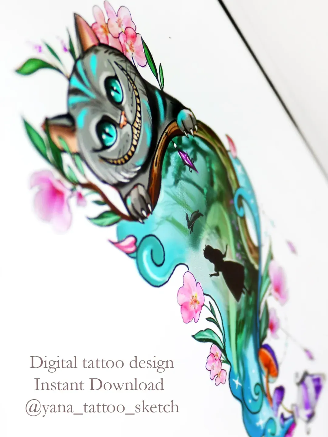 Cheshire Cat Tattoo Designs Idea Color Alice In Wonderland Tattoo Sketch Stencil, Instant download PDF, JPG, PNG