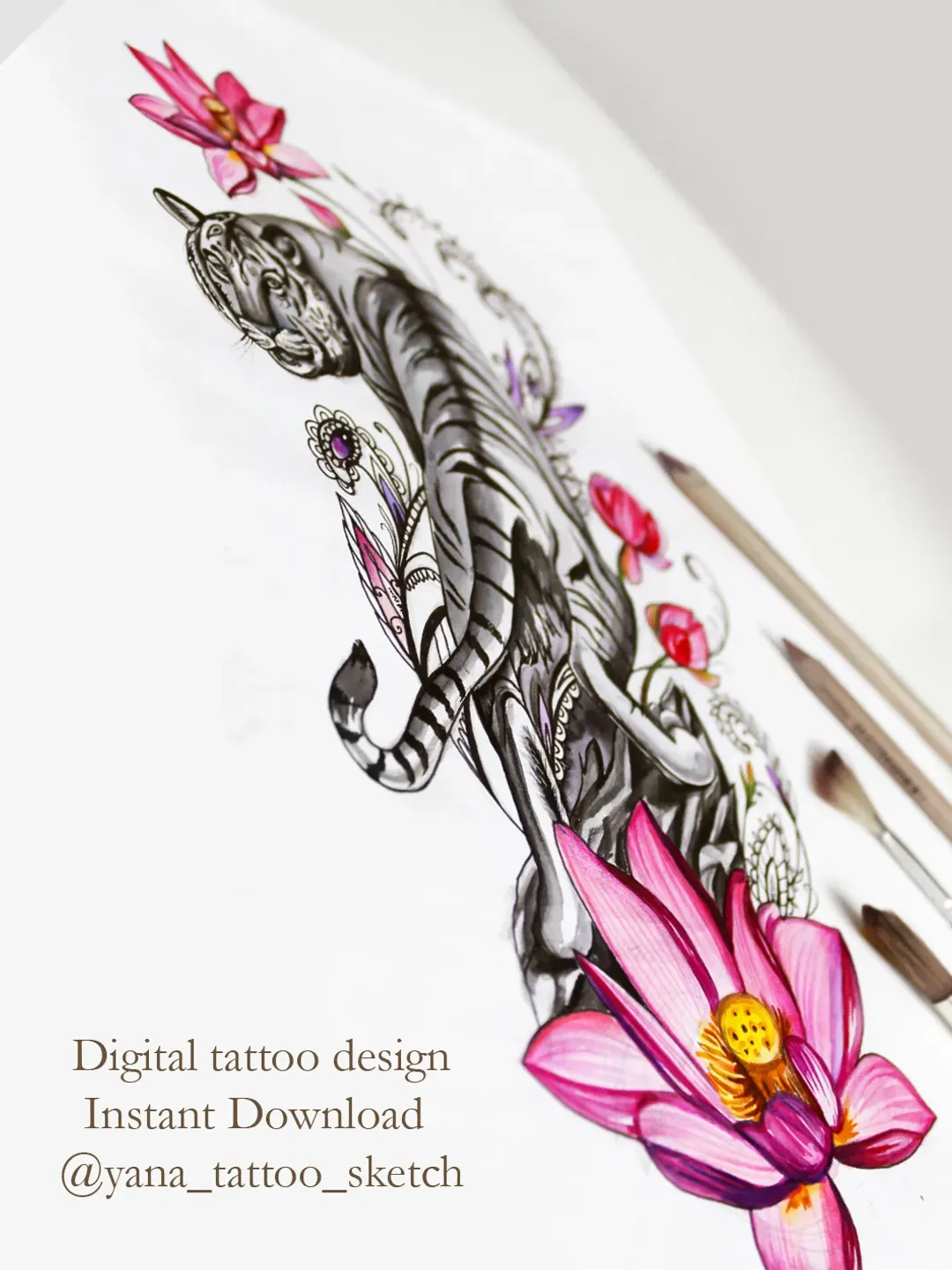 Tiger Tattoo Design Tiger Tattoo Sketch Tiger And Lotus Flowers Tattoo Idea, Instant download PNG and JPG files