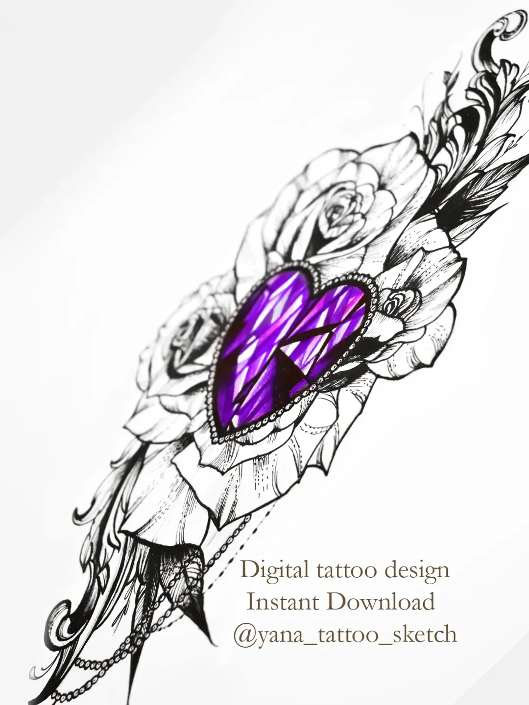 Heart Tattoo Designs Crystal Tattoo Sketch Rose Tattoo Design Flowers Tattoo Ideas, Instant download PNG and JPG