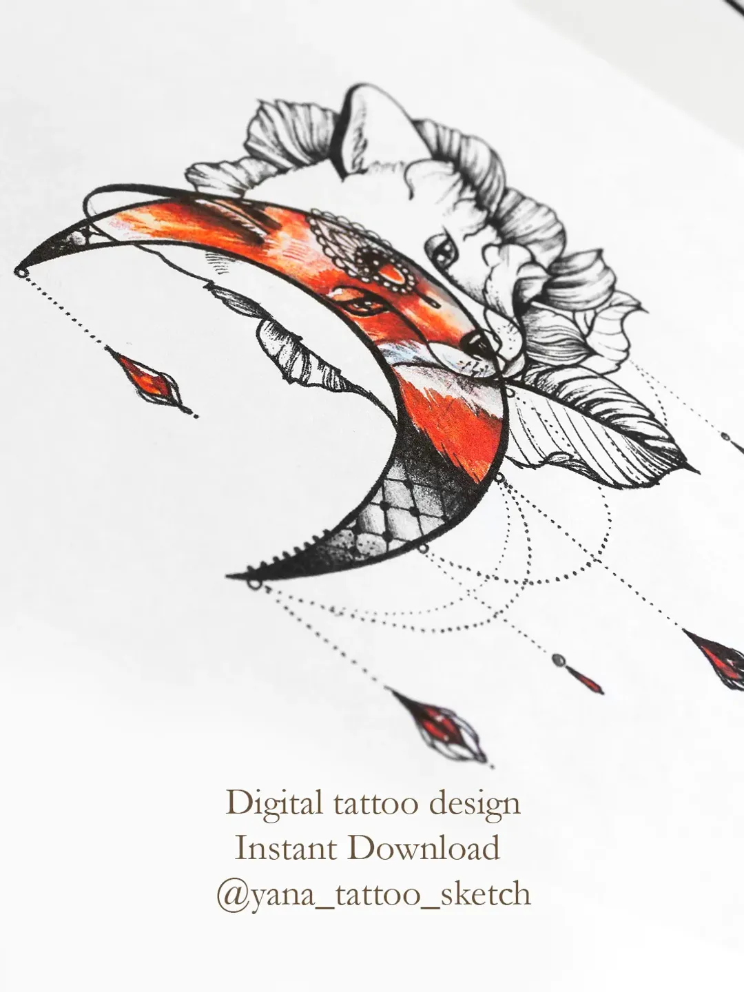 Fox Tattoo Design for Woman Fox Tattoo Sketch for Females Moon Tattoo Design, Instant download JPG, PNG