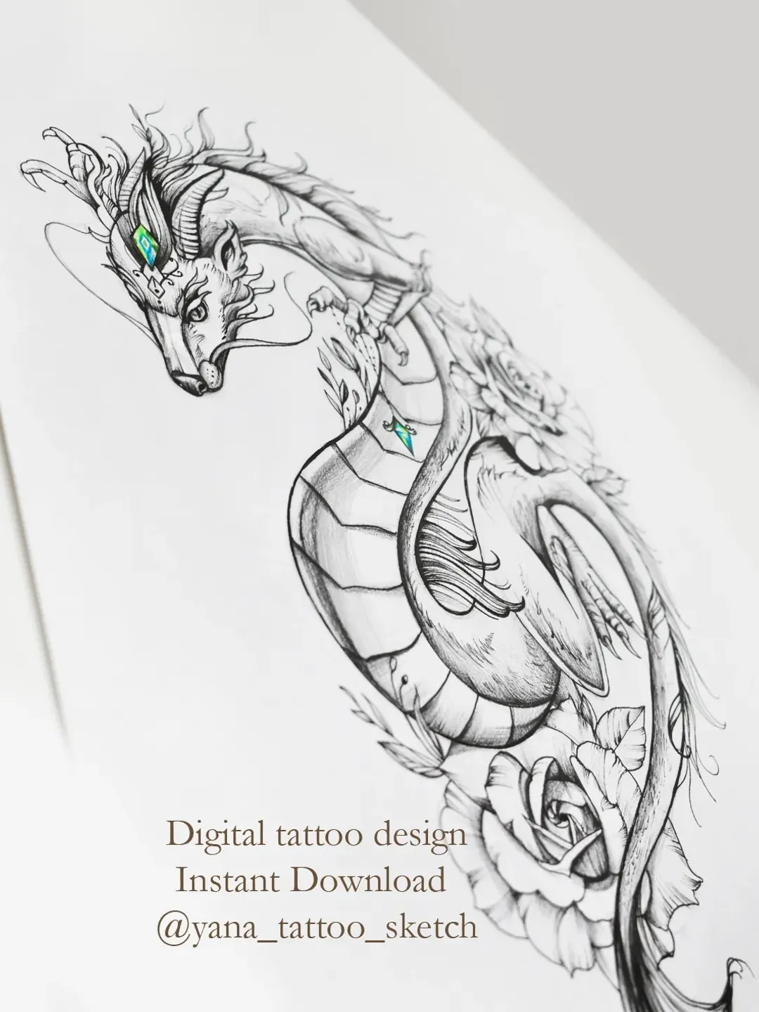 Dragon Tattoo Sketch for Woman Dragon Tattoo Design Female Dragon And Flower Tattoo Design, Instant download JPG, PNG