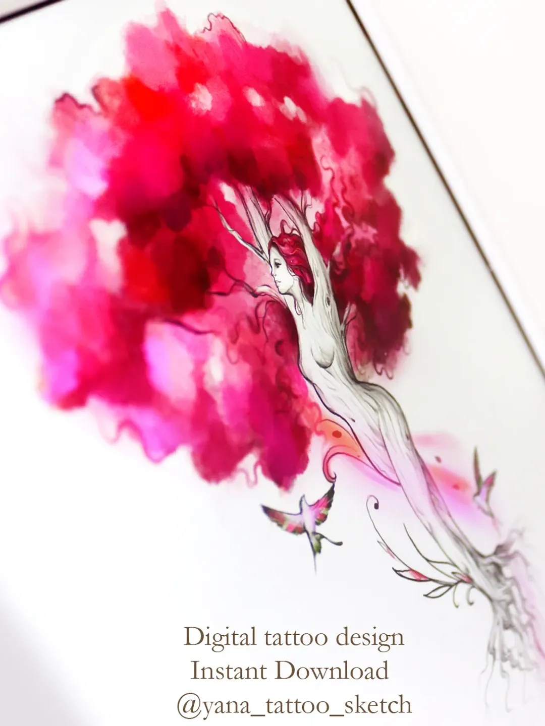 Woman Tree Tattoo Design for Woman Goddess Tree Tattoo Sketch Mother Nature Tattoo Idea, Instant download JPG, PNG, PDF