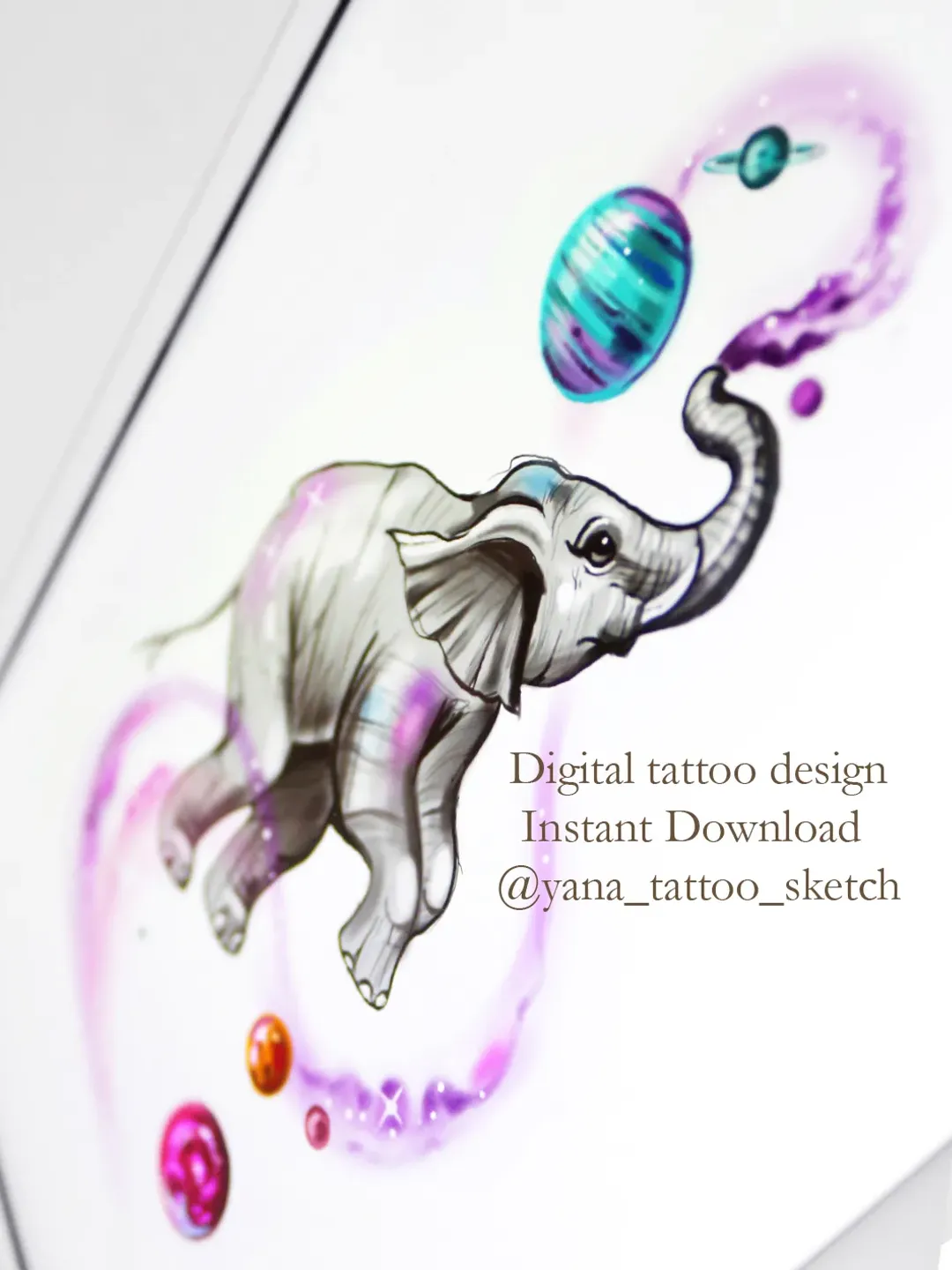 Elephant Tattoo Design Elephant Tattoo Sketch Space Tattoo Design Space Tattoo Sketch, Instant download PDF, JPG, PNG