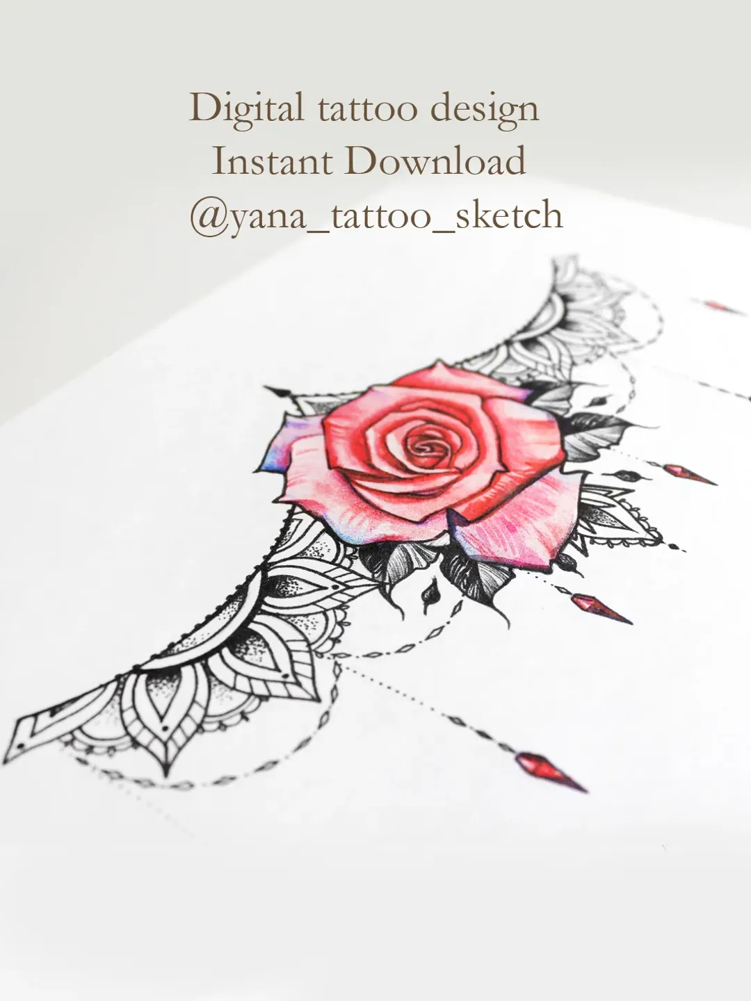 Rose Tattoo Design Ornamental Underboob Tattoo Designs Ornamental Under Chest Tattoo Sketch, Instant download PNG, JPG