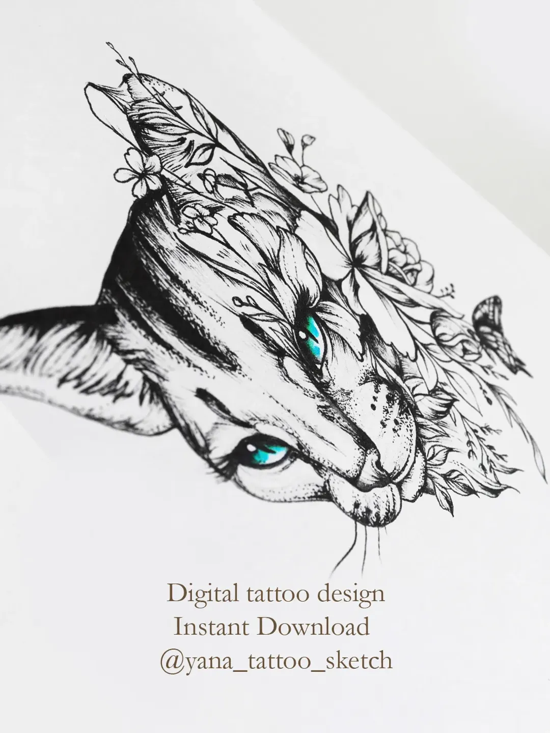 Cat Tattoo Designs For Ladies Cat And Flowers Tattoo Sketch, Instant download JPG, PNG