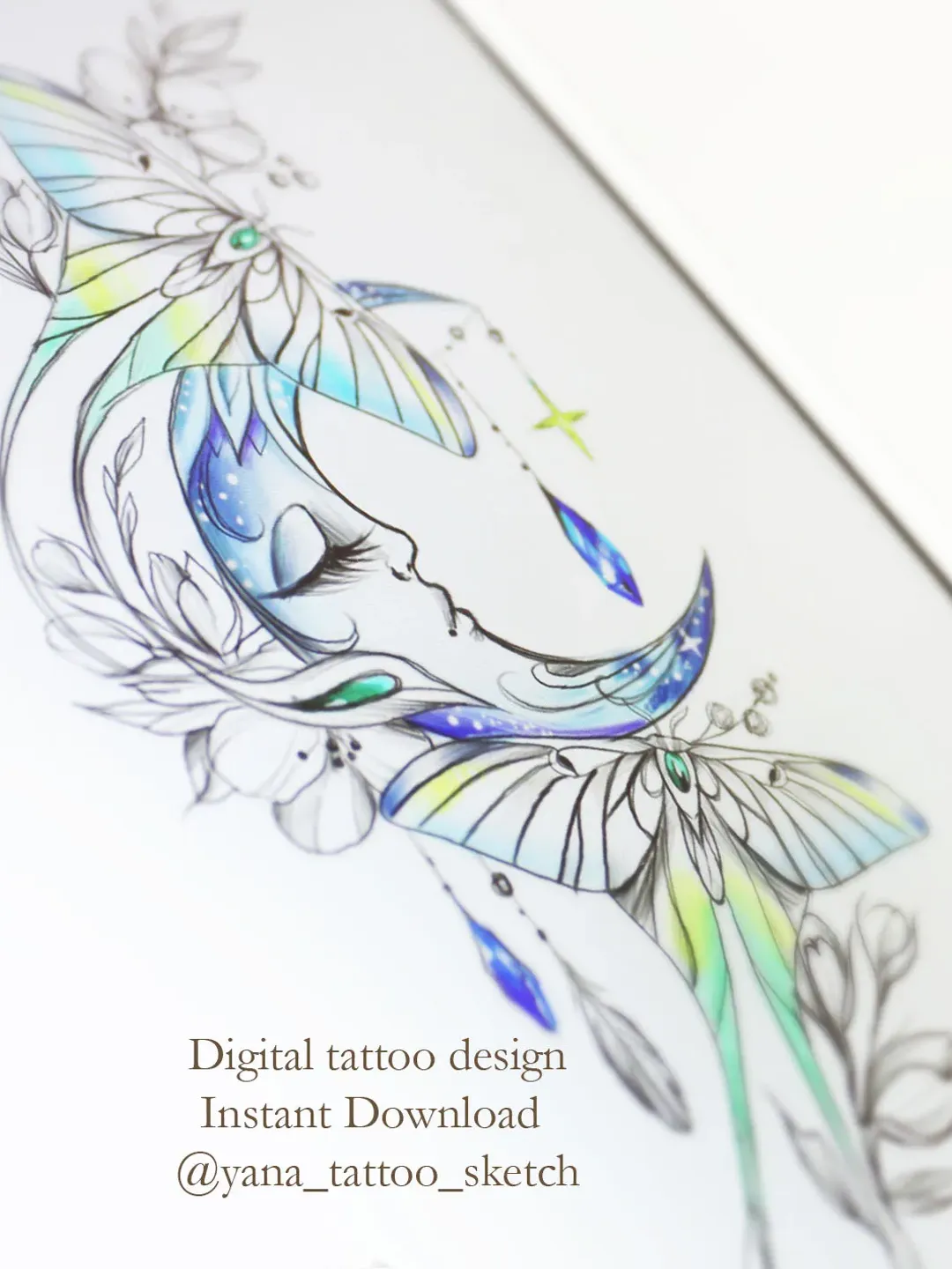 Moon Tattoo Design Crescent Moon Tattoo Sketch Luna Moth Tattoo Design Fine  Line, Instant download PDF, JPG, PNG, image size:1080x1440