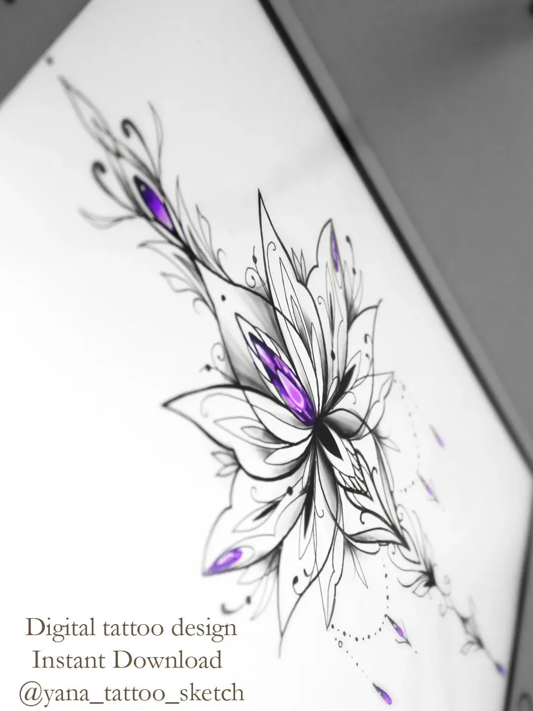 Lotus Ornamental Tattoo Design Ornamental Lotus Flower Tattoo Sketch Idea, Instant download PDF, PNG, JPG