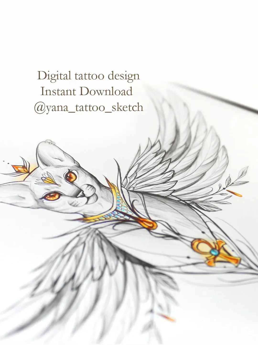 Bastet Tattoo Design Bastet Goddess Sketch Egyptian Cat Tattoo Design for Woman, Instant download PDF and JPG files