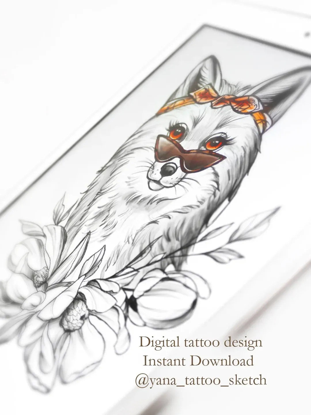 Fox Tattoo Sketch for Females Fox Tattoo Design for Woman Fox and Flowers Tattoo Sketch, Instant download PDF, JPG, PNG