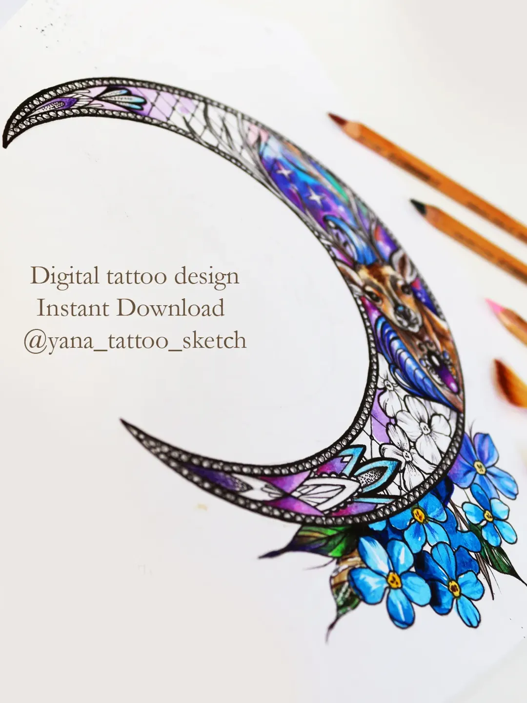 Moon Tattoo Design Crescent Moon Tattoo Sketch Deer Tattoo Designs, Instant download JPG, PNG
