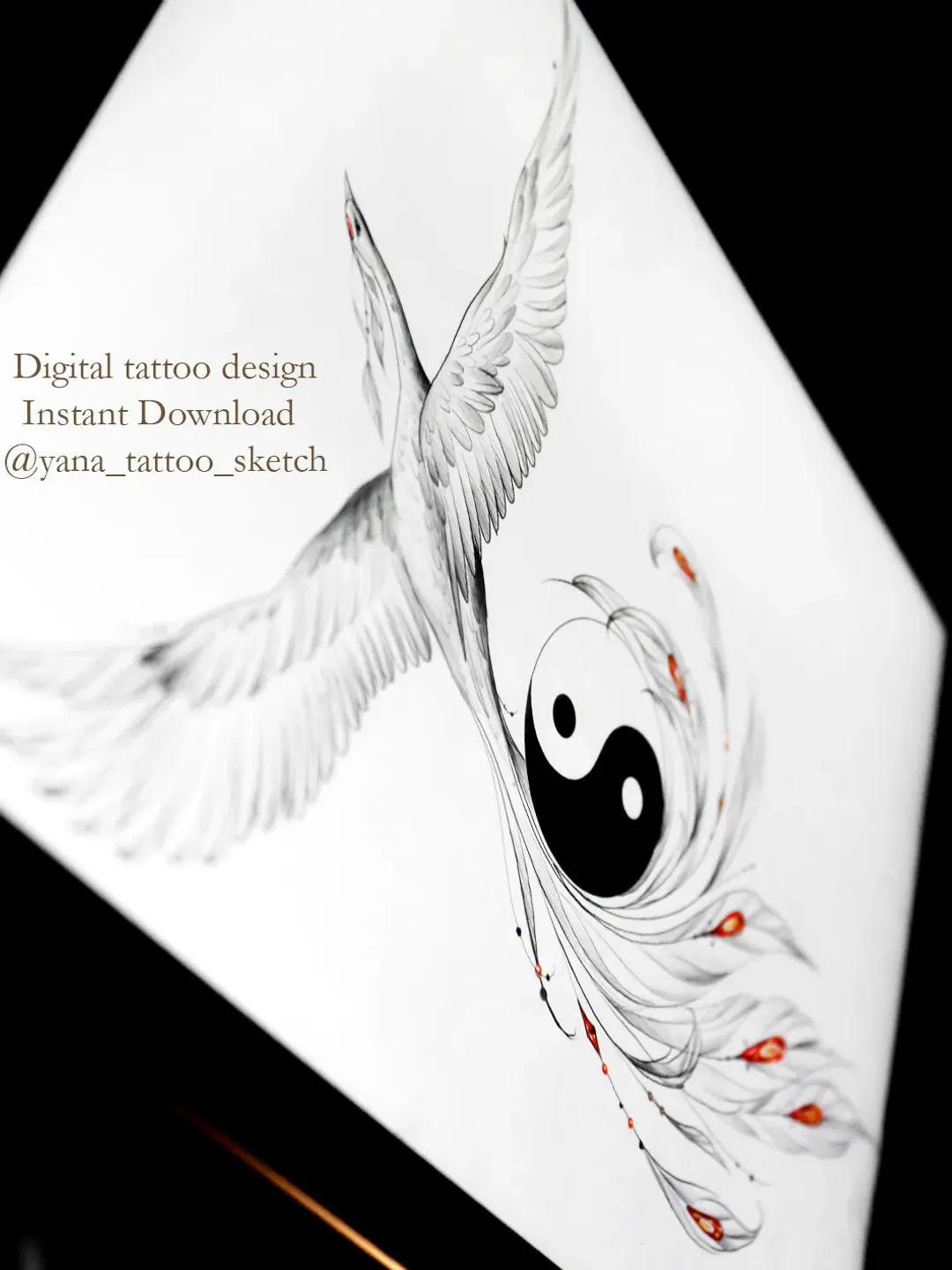 Yin Yang Tattoo Design Yin Yang Phoenix Tattoo Sketch Yin Yang Tattoo Ideas, Instant download PDF, JPG, PNG