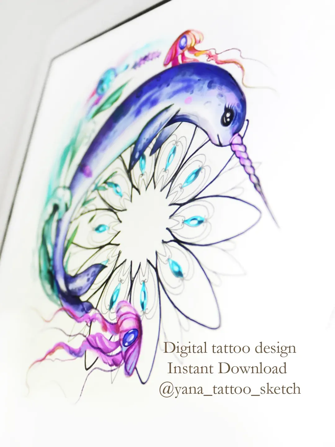 Narwhal Tattoo Design Whale Tattoo Design Whale Tattoo Sketch Narwhal Tattoo Idea, Instant download PDF, JPG, PNG