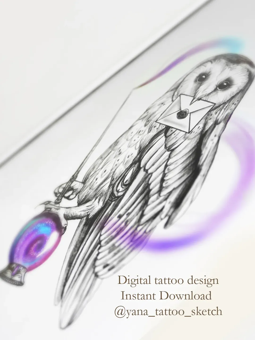 Wizard Owl Tattoo Sketch Owl Tattoo Design Crystal Ball Tattoo Flash Magic Tattoo Design, Instant download PDF, PNG, JPG