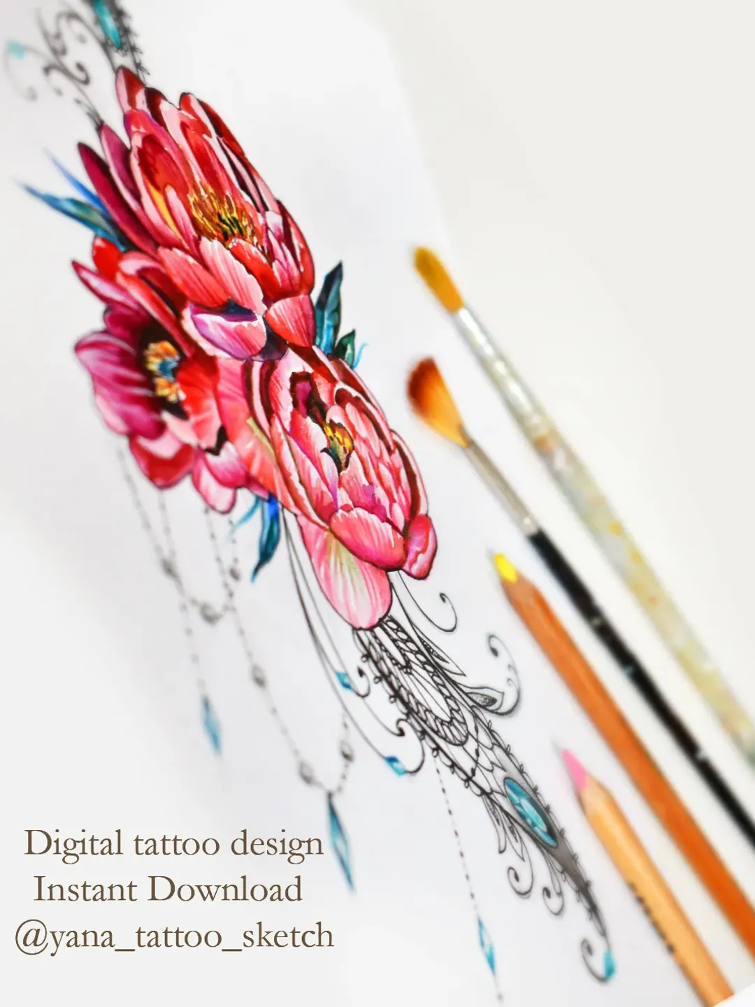 Peony Tattoo Design Color Peony Ornamental Tattoo Sketch Flowers Tattoo Ideas, Instant download JPG, PNG