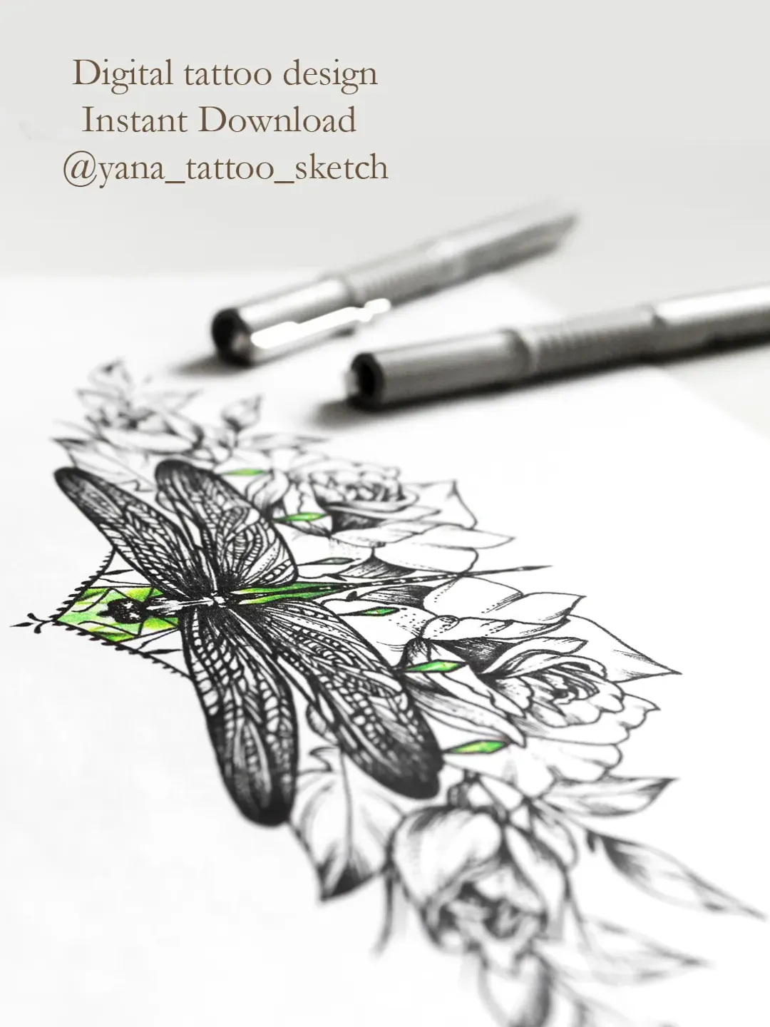 Dragonfly Tattoo Designs Fine Line Dragonfly With Flowers Tattoo Sketch Ideas, Instant download JPG, PNG