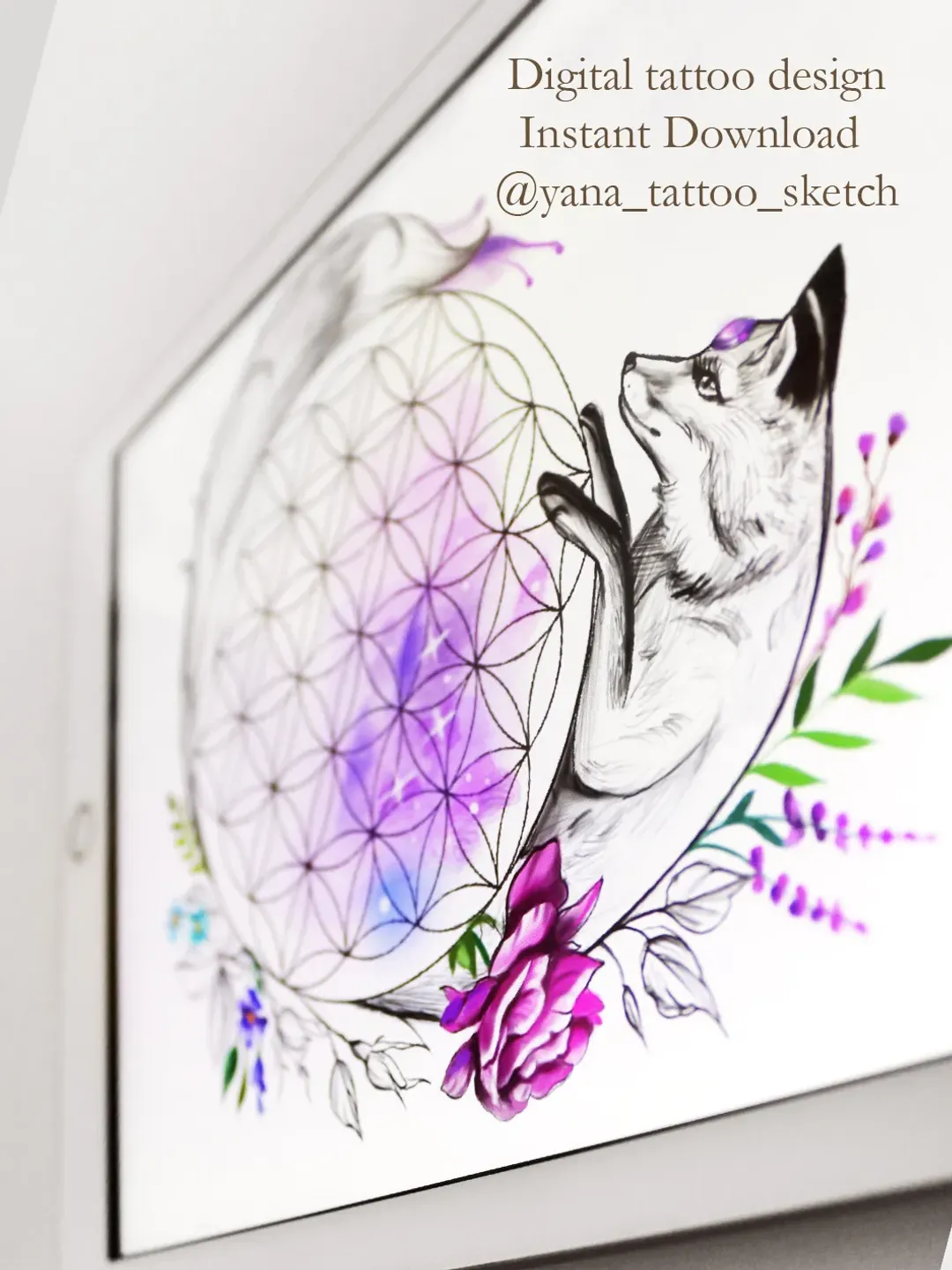 Fox Tattoo Sketch for Females Fox Tattoo Design for Woman Fox Flower Of Life Tattoo Design, Instant download PDF and JPG
