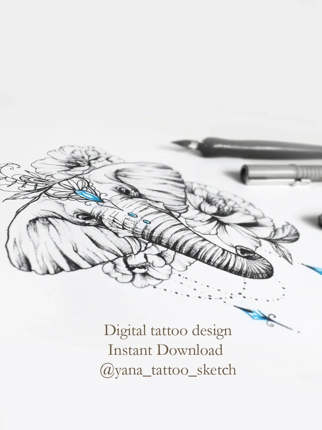 Elephant Tattoo Designs For Ladies Elephant Tattoo Sketch With Flowers Elephant Tattoo ideas, Instant download PNG, JPG files