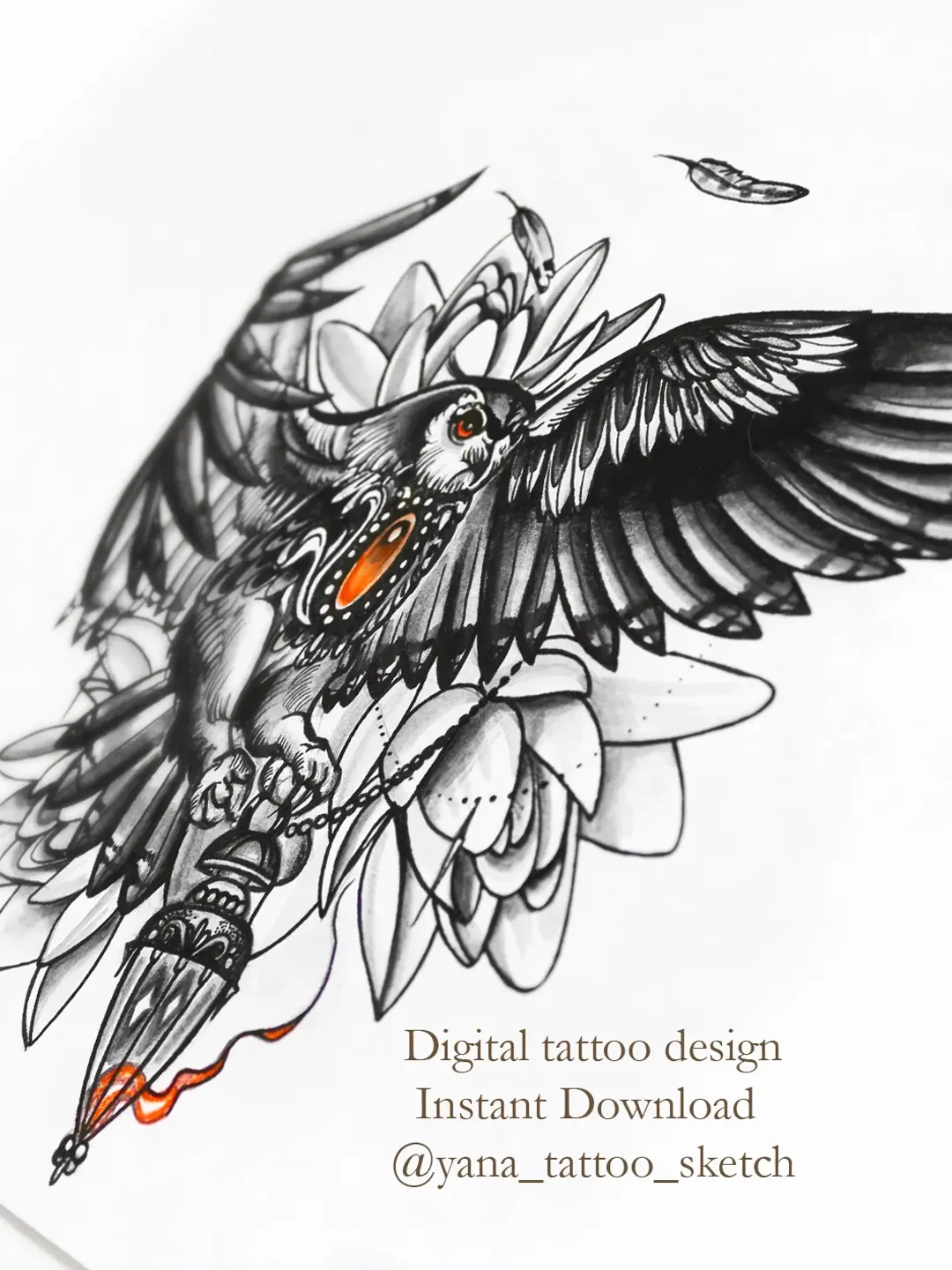 Owl Tattoo Design Owl And Lantern Tattoo Sketch Tattoo Ideas, Instant download JPG , PNG