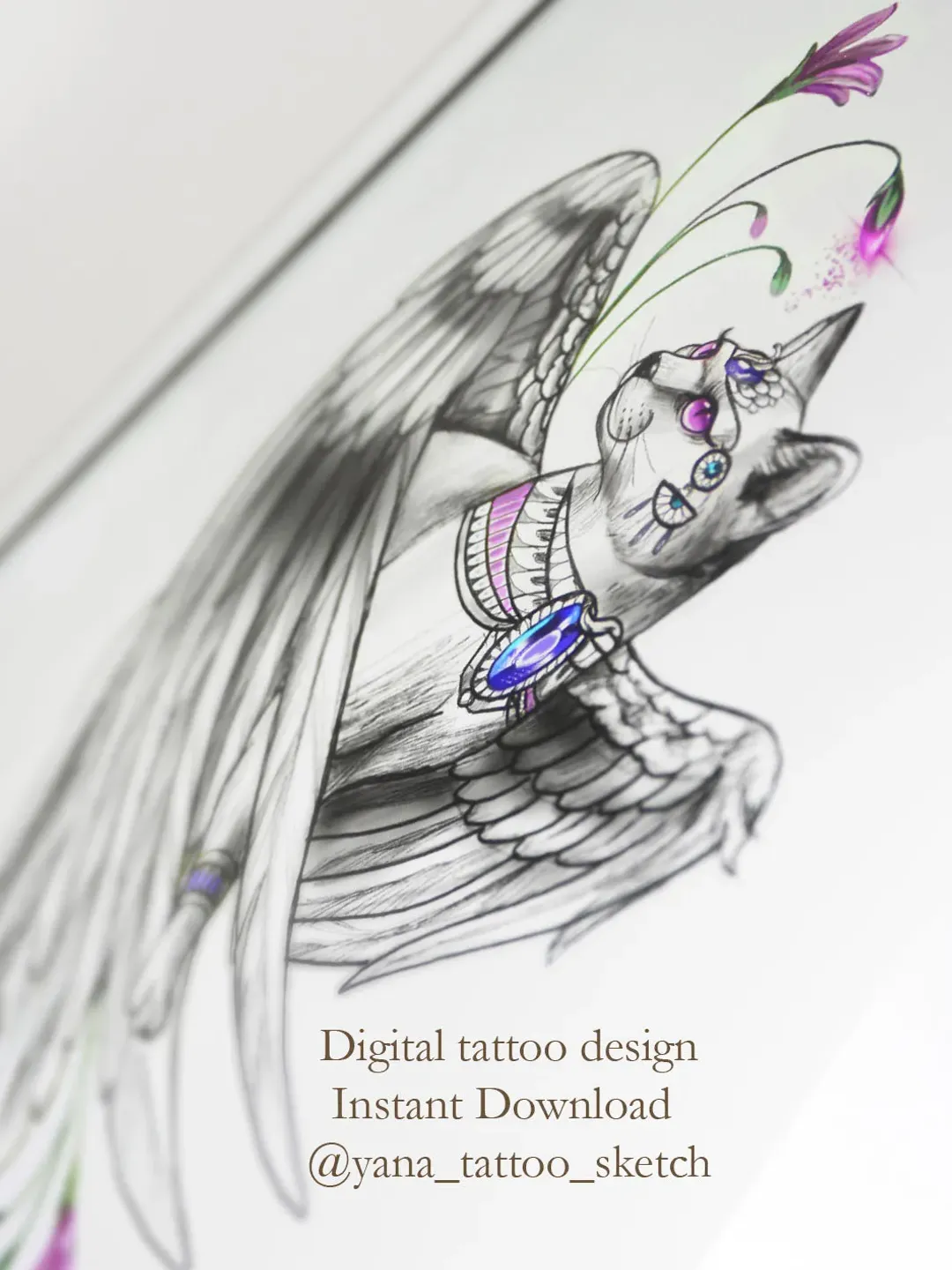 Bastet Tattoo Design Bastet Goddess Sketch Egyptian Cat Tattoo Design for Woman, Instant download PDF, PNG, JPG files