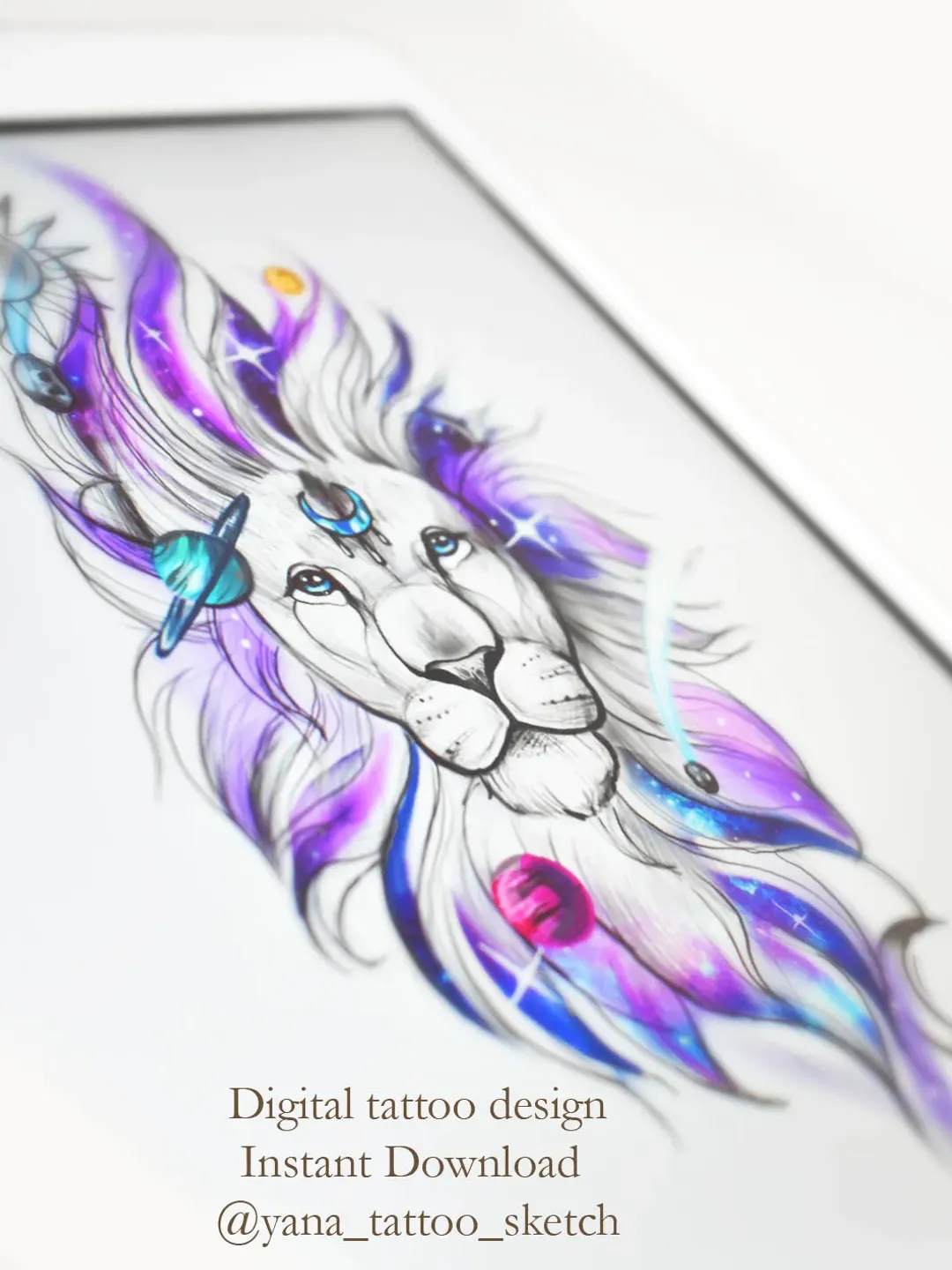 Lion Tattoo Design Lion Tattoo Sketch Lion Space Tattoo Design for Woman, Instant download PDF, PNG, JPG files