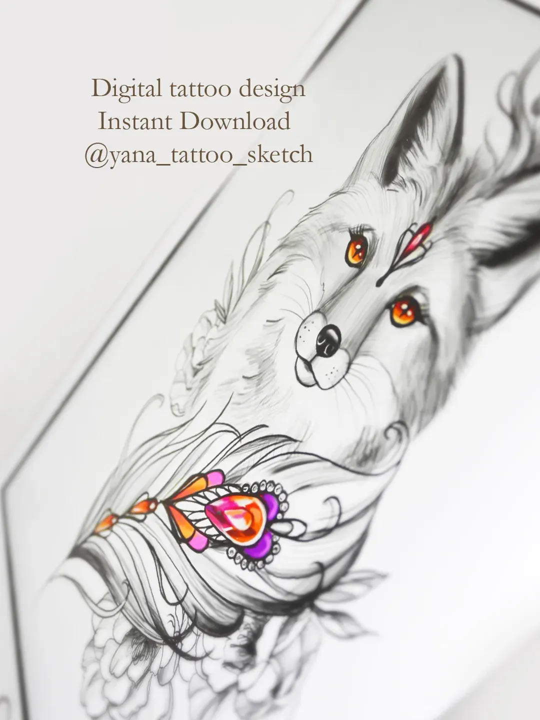 Fox Tattoo Sketch for Females Fox Tattoo Design for Woman Fox and Peony Tattoo Art, Instant download PDF and JPG files