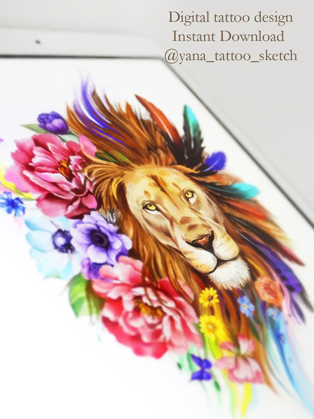 Lion Tattoo Designs Colourful Lion Flowers Tattoo Sketch Lion Tattoo Ideas, Instant download JPG, PNG, PDF files