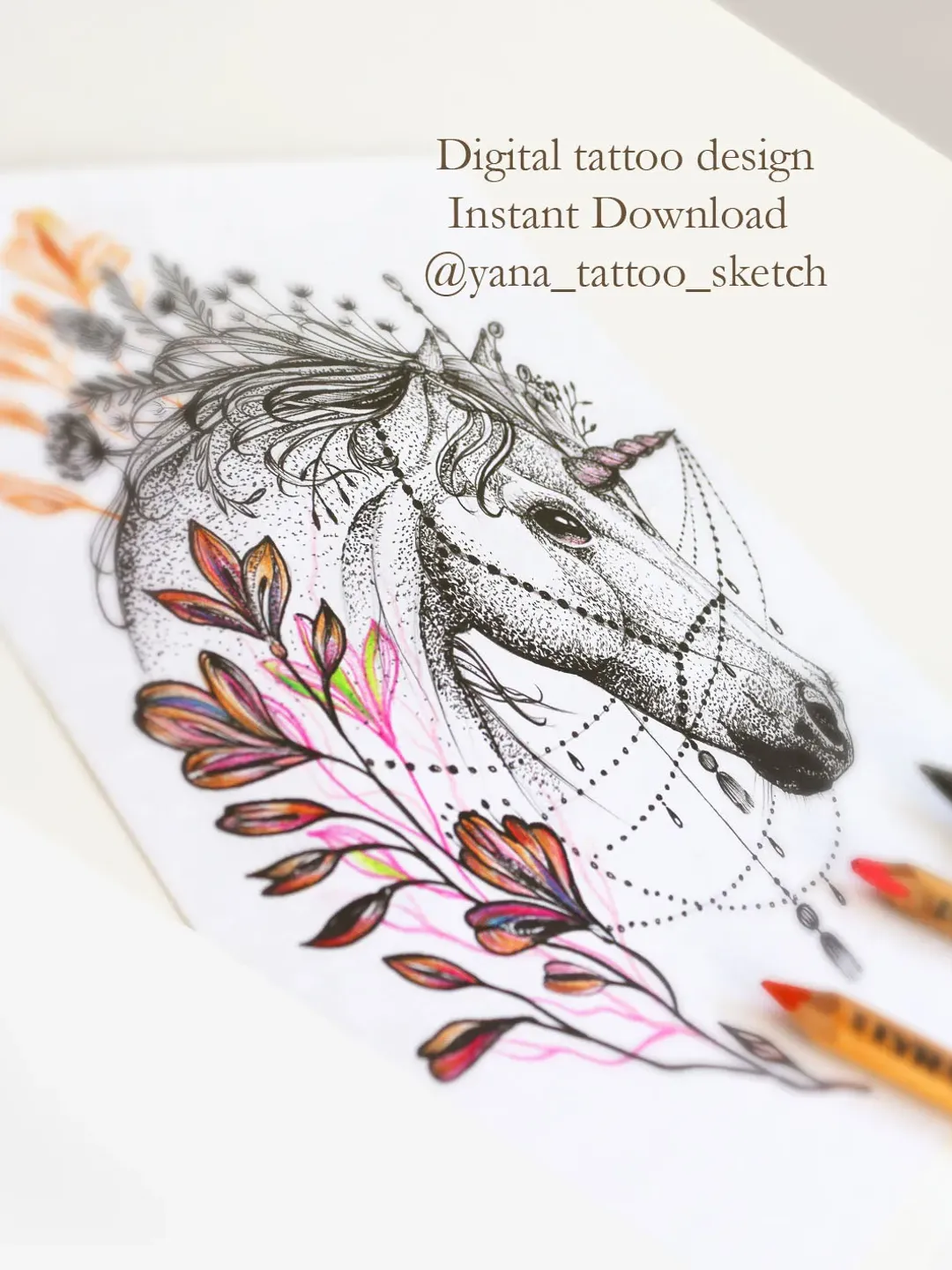 Unicorn Tattoo Sketch Unicorn Tattoo Design Unicorn Flowers Design for Woman, Instant download PNG and JPG files