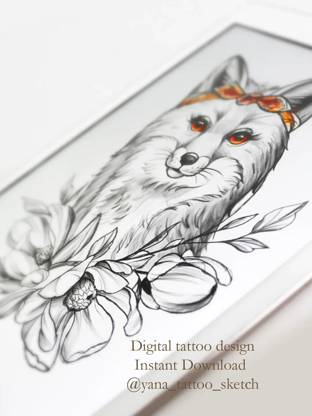 Fox Tattoo Sketch for Females Fox Tattoo Design for Woman Fox and Flowers Tattoo Sketch, Instant download PDF and JPG