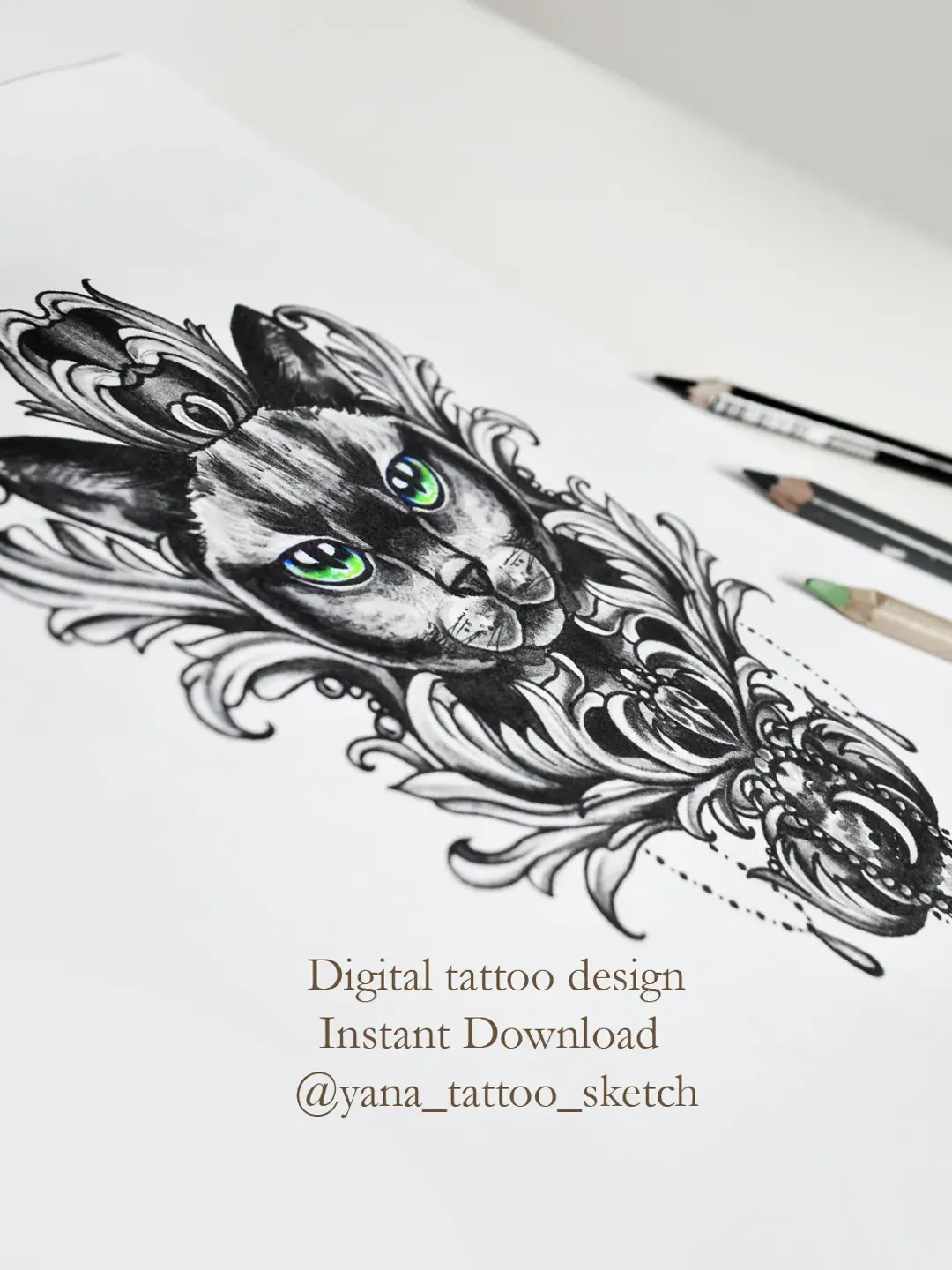 Black Cat Tattoo Designs For Ladies Cat And Moon Tattoo Sketch, Instant download JPG, PNG