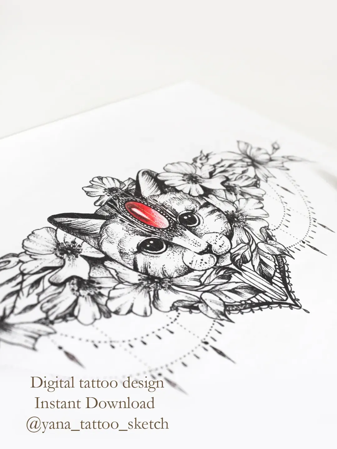 Cat Tattoo Designs Cat Tattoo Sketch Females Cat and Flowers Tattoo Designs For Ladies, Instant download PNG and JPG