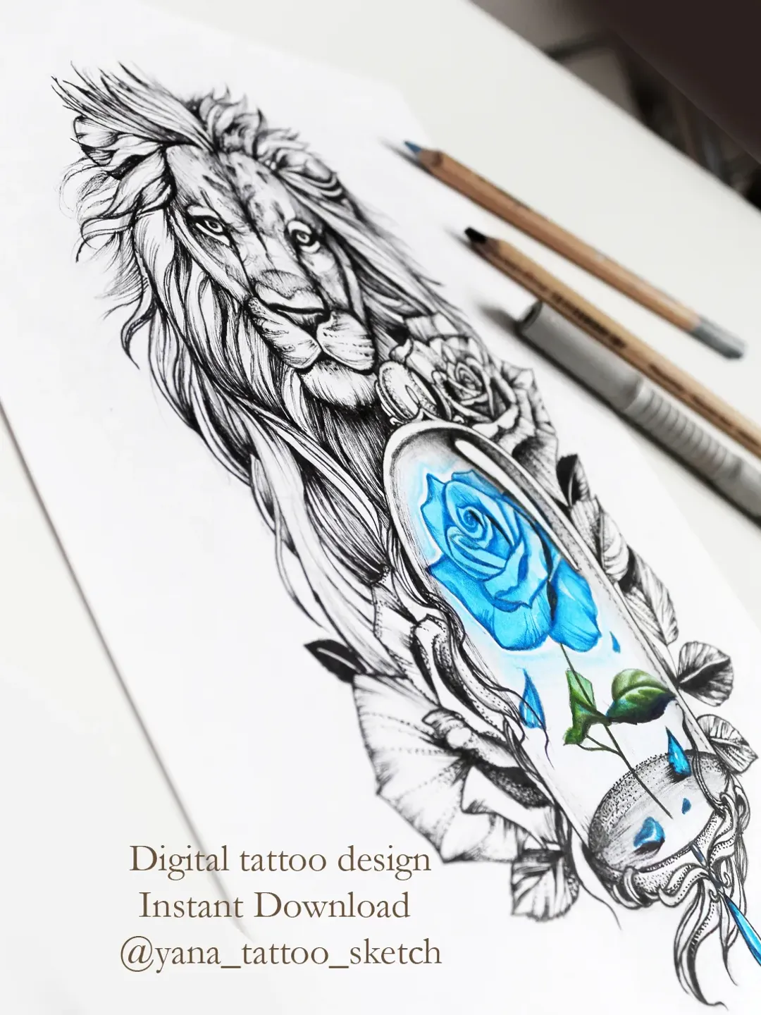 Lion Tattoo Designs Female Lion And Rose Tattoo Sketch Tattoo Design for Woman, Instant download PNG and JPG