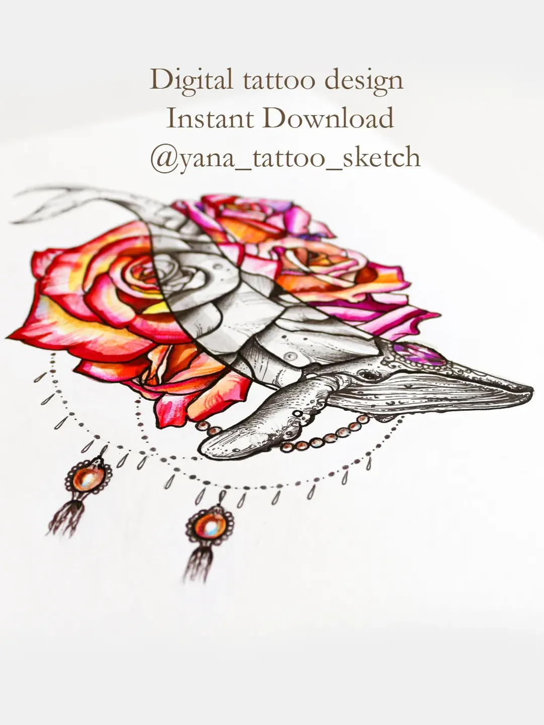 Whale Tattoo Designs Whale Flowers Roses Tattoo Sketch Blue Whale Tattoo Ideas , Instant download JPG, PNG