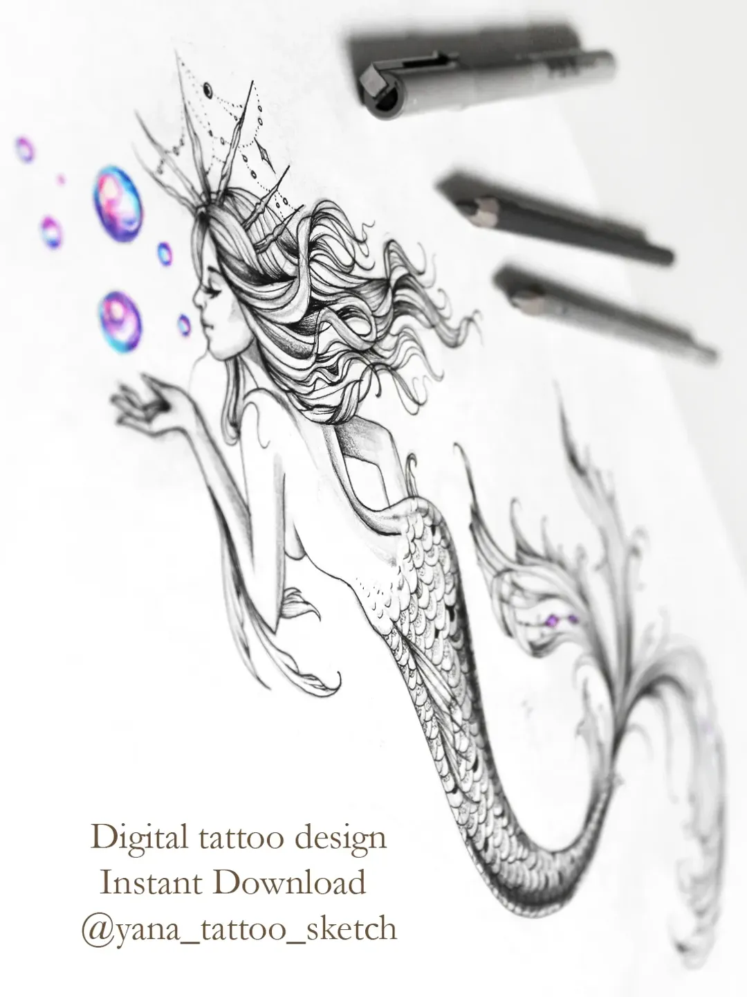 Mermaid Tattoo Designs Mermaid Tattoo Sketch Ideas, Instant download JPG, PNG