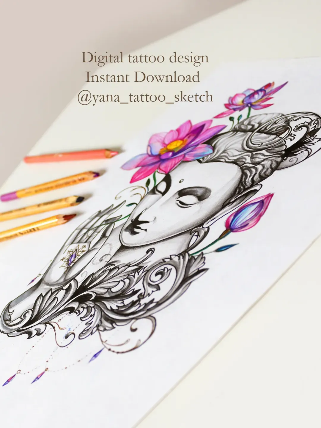 Buddha Tattoo And Lotus Flower Sketch Buddha Tattoo Design Zen Tattoo Ideas, Instant download JPG, PNG