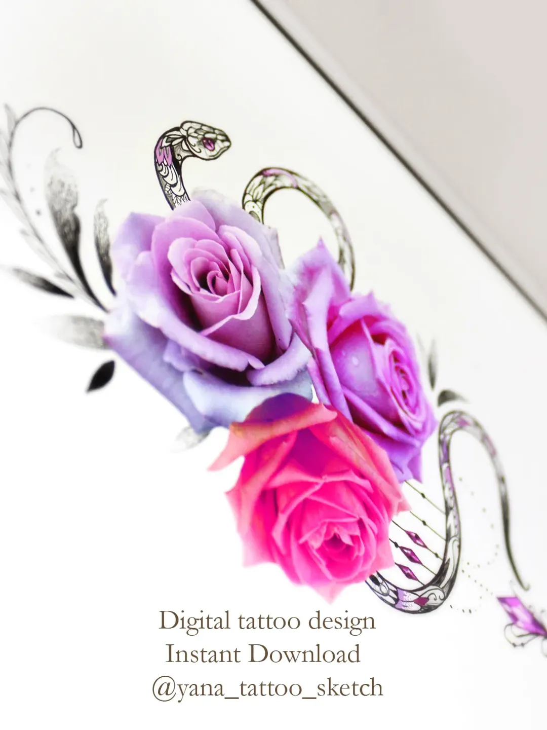Snake Tattoo Sketch Snake Tattoo Design Drawing Snake And Flower Roses Tattoo Design, Instant download PDF, JPG, PNG