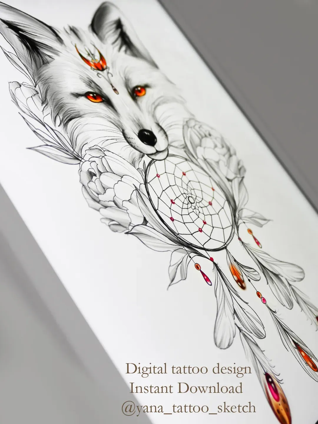Fox Tattoo Design for Woman Fox Tattoo Sketch for Females Fox Dream Catcher Tattoo Design, Instant download JPG, PNG, PDF