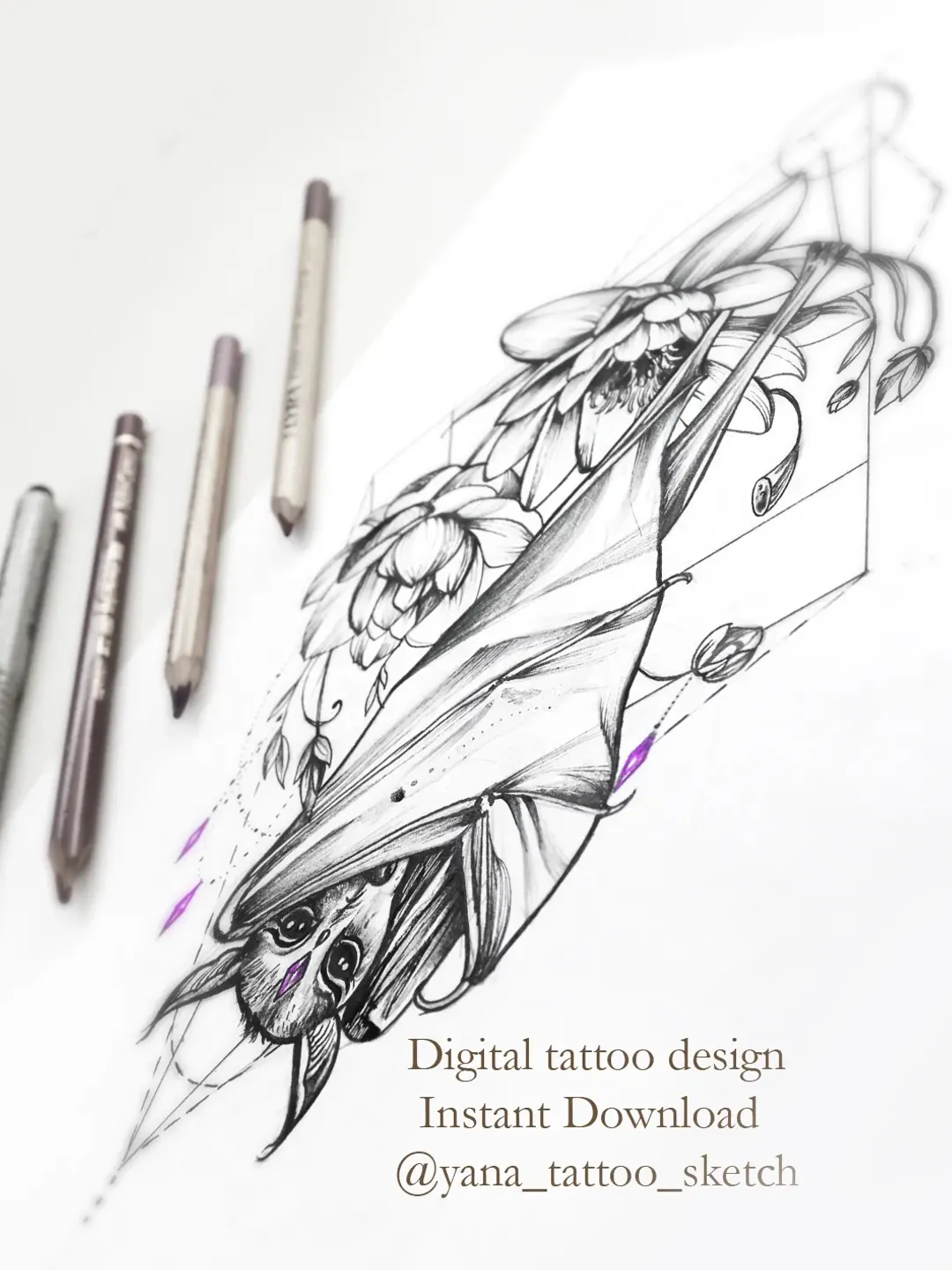 Bat Tattoo Design For Females Bat Tattoo Sketch For Woman Bat And Flowers Tattoo  Design, Instant download PNG and JPG, image size:1080x1440