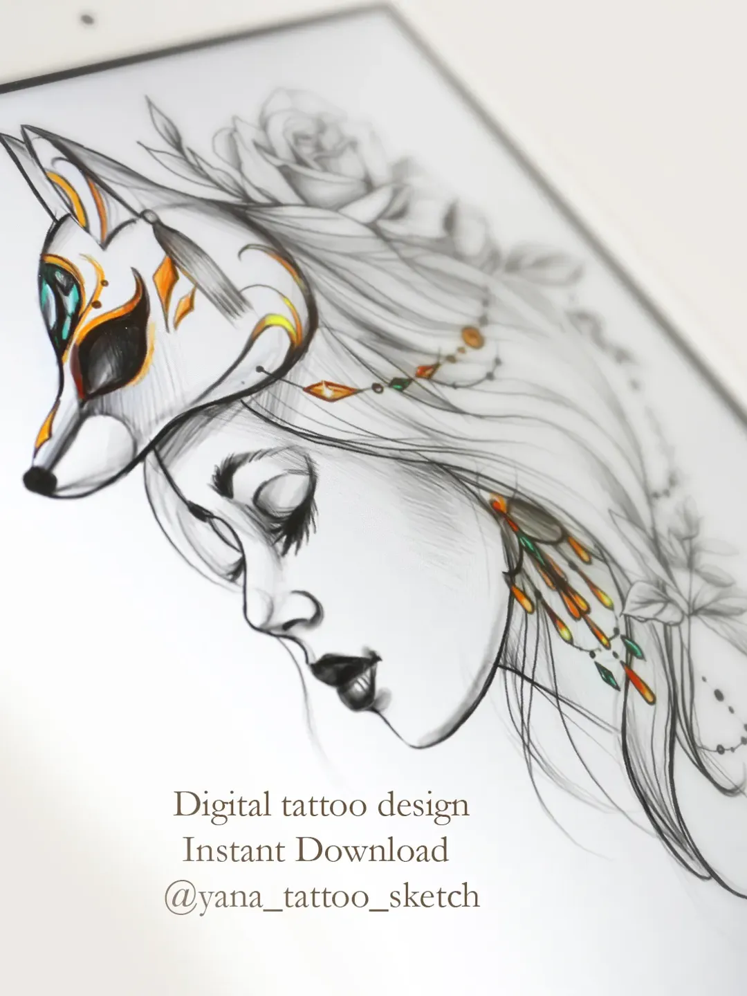Kitsune Tattoo Sketch Girl Fox Mask Tattoo Flash Lady Fox Tattoo Design for Woman, Instant download PDF and JPG files