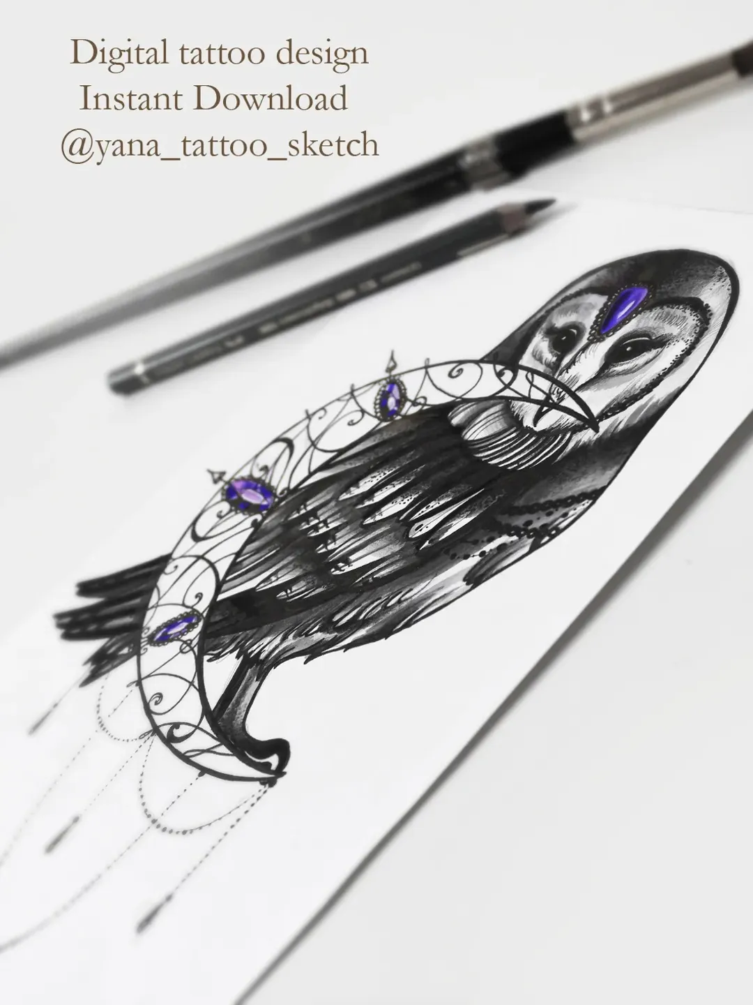 Owl Tattoo Designs Owl Tattoo Sketch Owl And Moon Tattoo Ideas, Instant download JPG, PNG