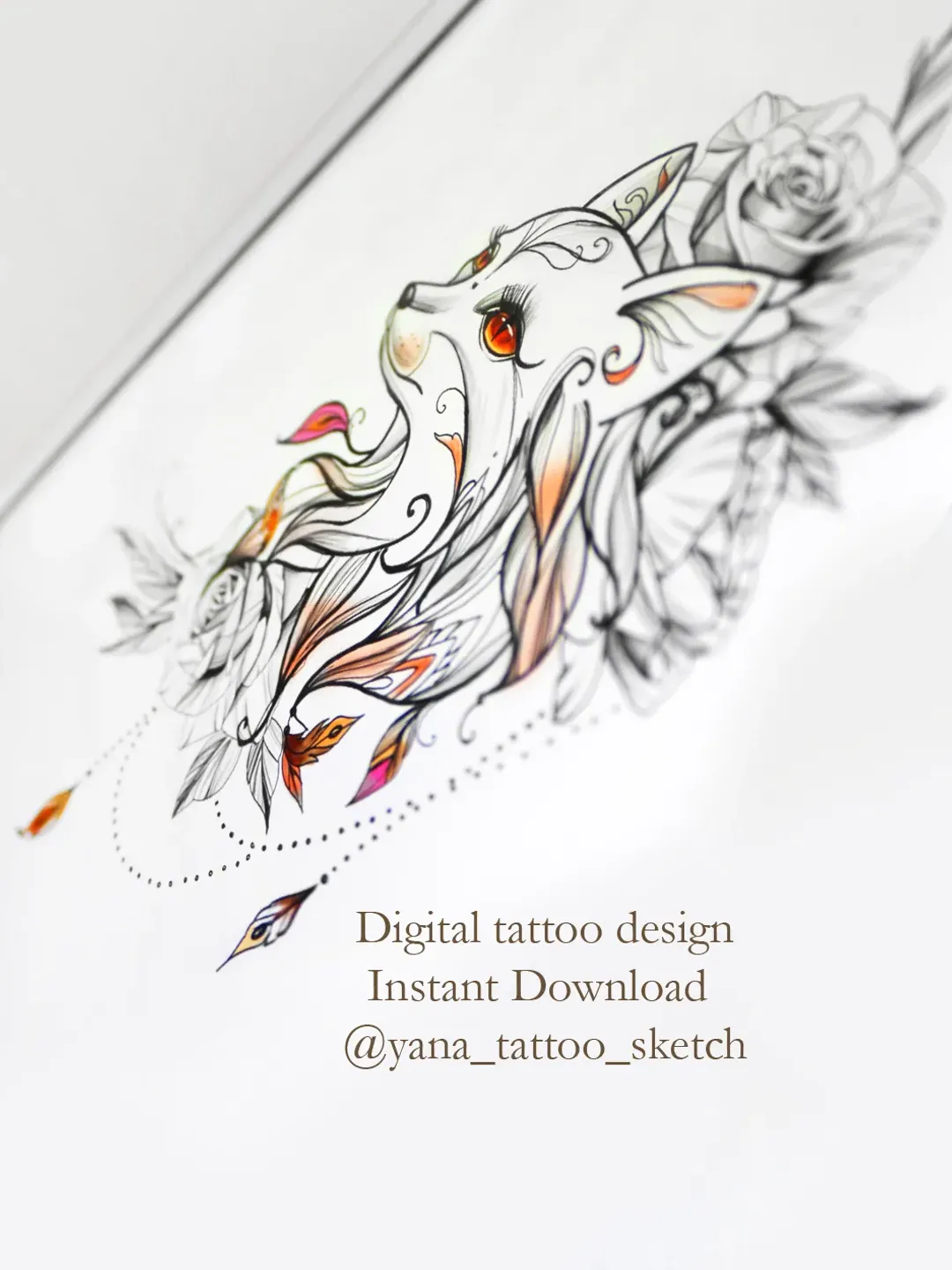 Fox Tattoo Sketch for Females Fox Tattoo Design for Woman Fox Ornamental Tattoo Design, Instant download PDF and JPG