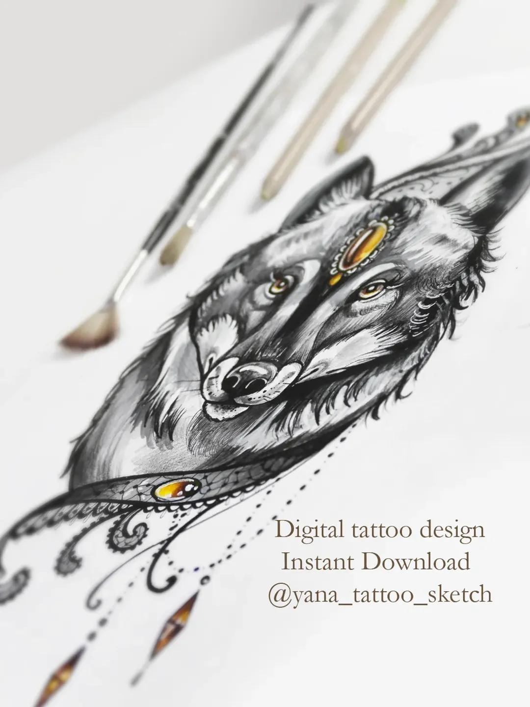 Wolf Tattoo Designs For Females Wolf Tattoo Sketch For Woman, Instant download JPG, PNG