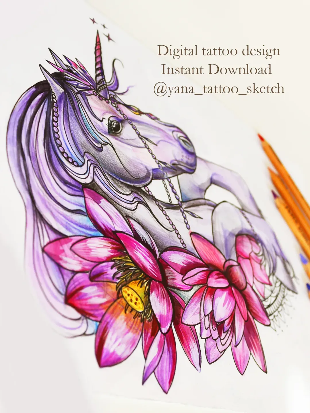 Unicorn Tattoo Sketch Color Unicorn Tattoo Design Unicorn Flowers Design for Woman, Instant download PNG and JPG files