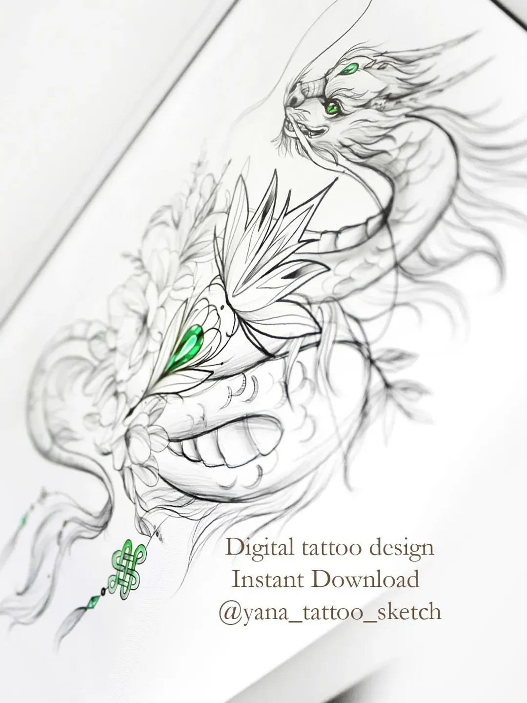 Feminine Dragons and Flowers in Ink