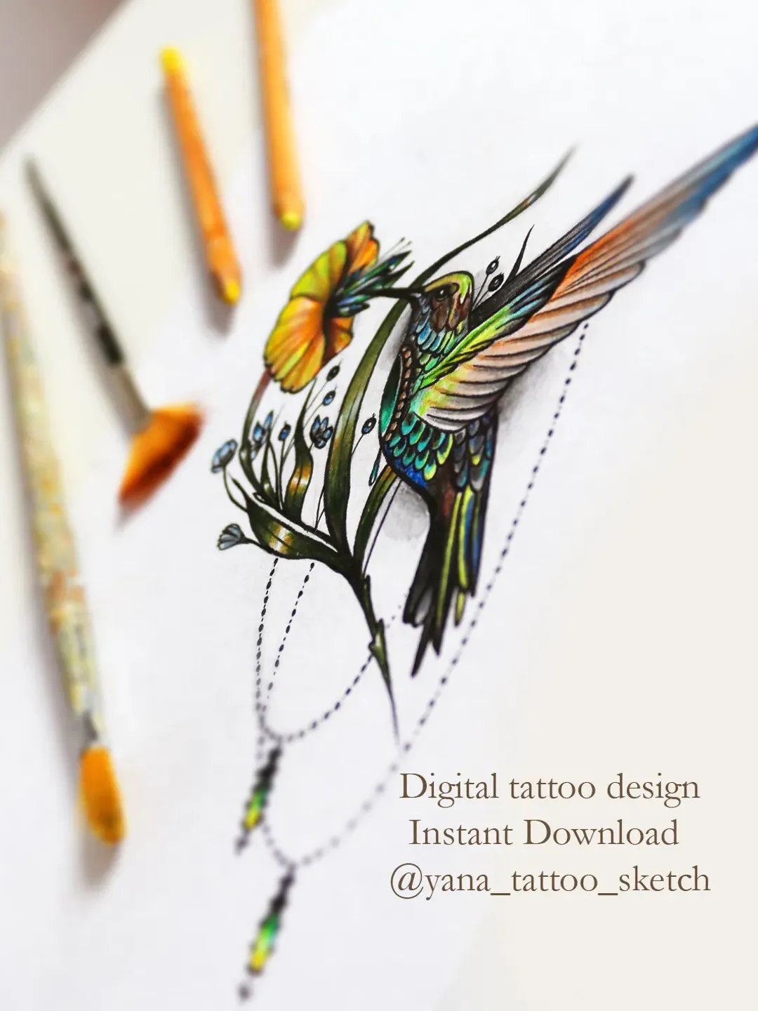 Hummingbird Tattoo Designs Hummingbird And Flower Tattoo Sketch Ideas, Instant download JPG, PNG