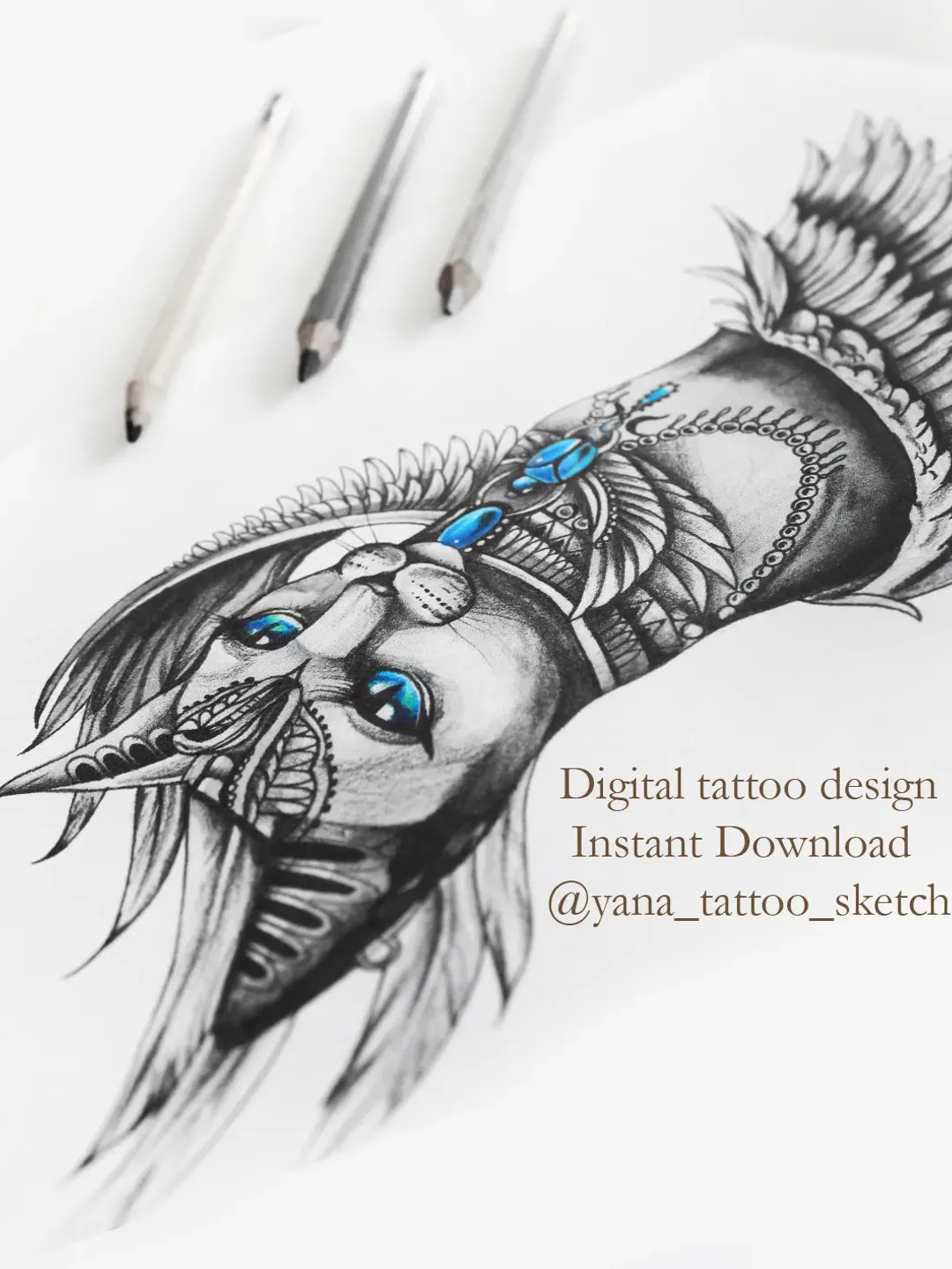 Bastet Tattoo Design Bastet Goddess Sketch Egyptian Cat Tattoo Design for Woman, Instant download JPG, PNG