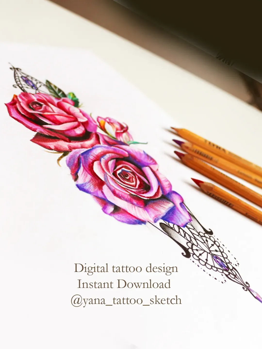 Roses Tattoo Design For Females Roses Tattoo Sketch Roses And Ornamental Tattoo Design, Instant download PNG and JPG