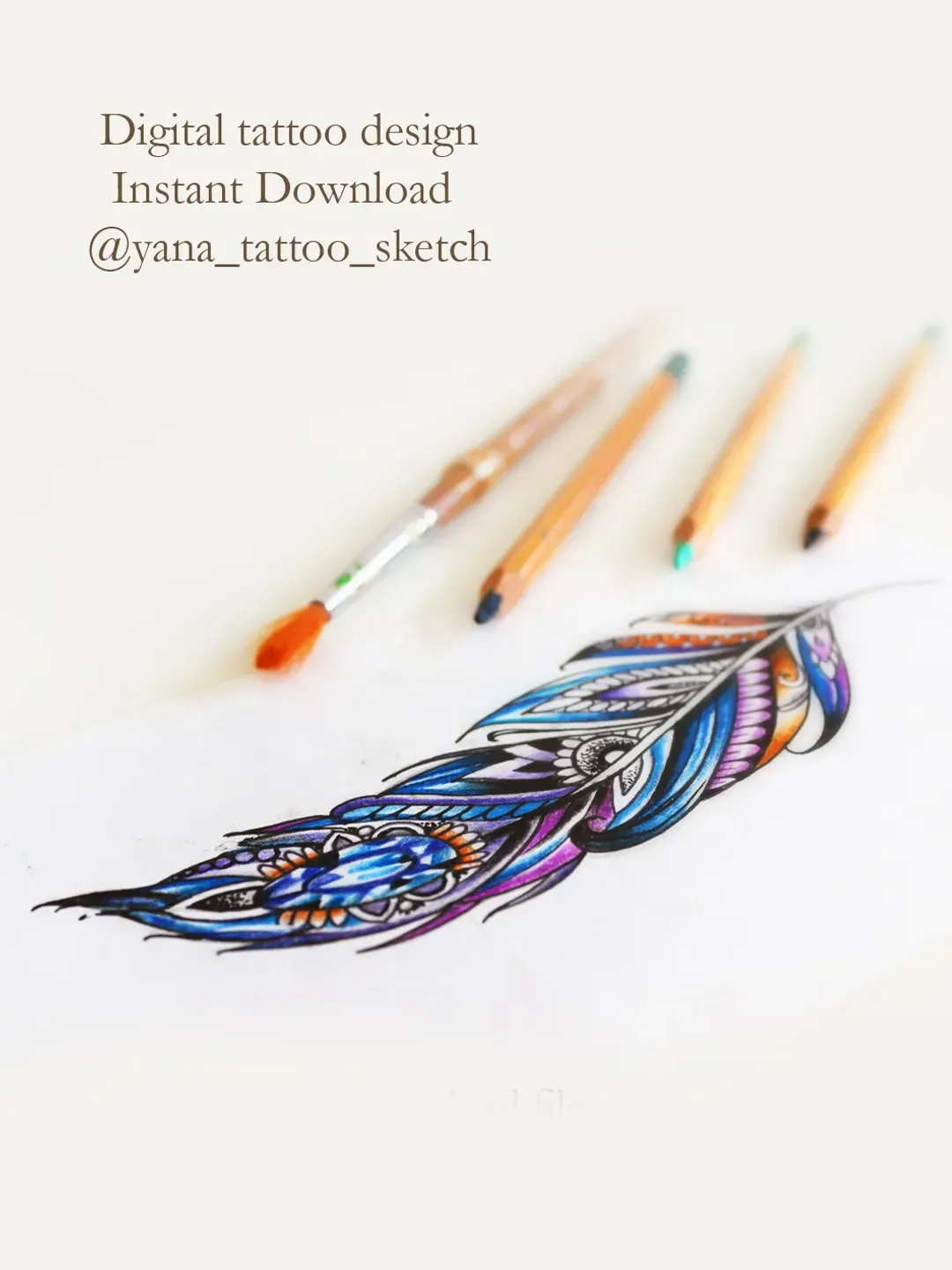 Feather Tattoo Design Ornamental Feather Tattoo Ideas Sketch, Instant download JPG, PNG