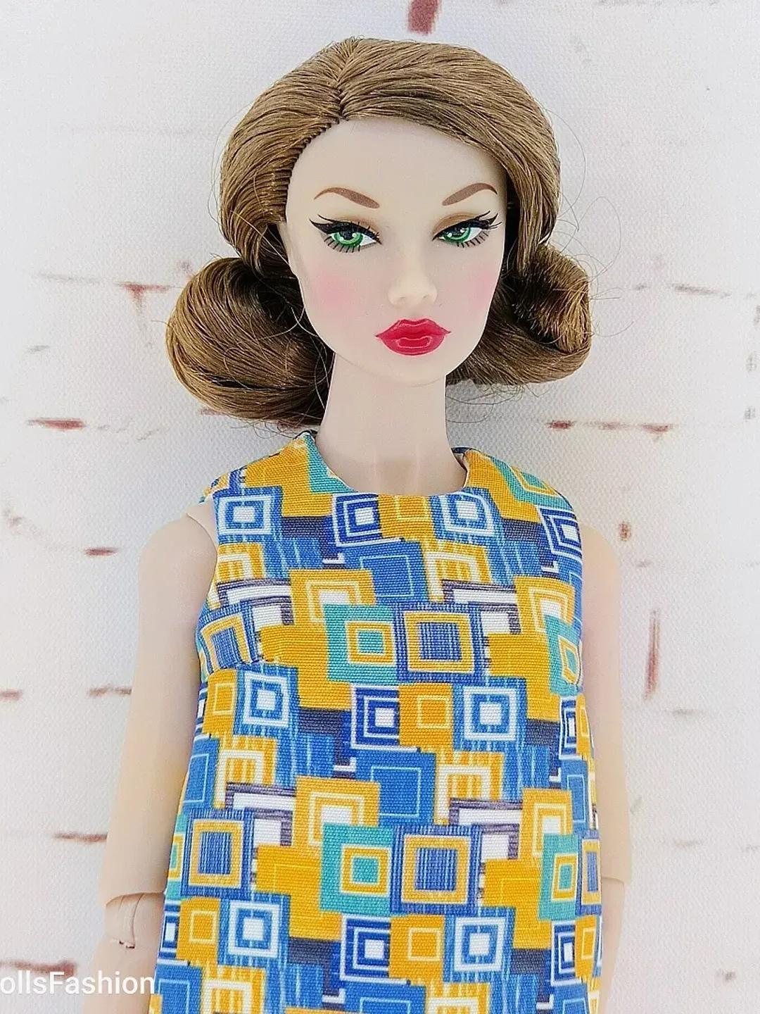 A-silhouette dress with yellow and blue squares for Poppy Parker and Barbie regular